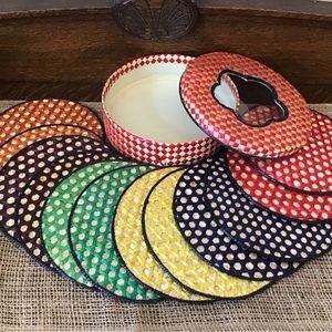 Vintage retro 12  basket weave trivets and storage basket